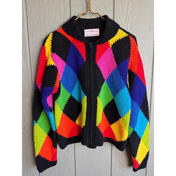 Vintage Marisa Christina Hand-Knitted Rainbow Argyle Sweater Zip Front Size L - Picture 1 of 7